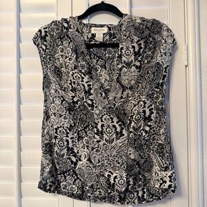 Luxury Jones New York 100% Silk Blouse 10P M Black White Paisley Wrap Top